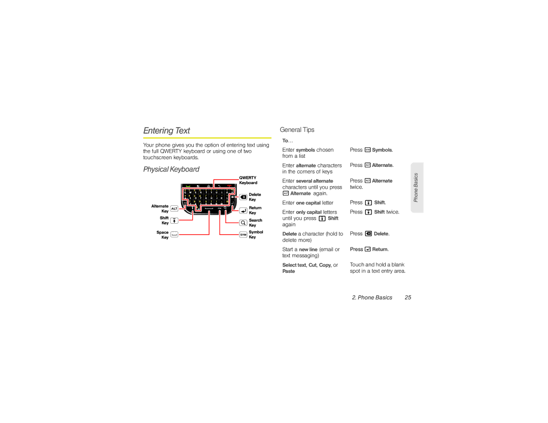 Sprint Nextel NNTN9124A manual Entering Text, Physical Keyboard, GeneralTips 