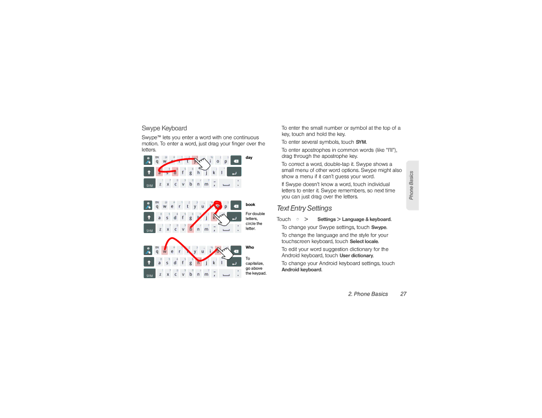 Sprint Nextel NNTN9124A manual Text Entry Settings, Swype Keyboard, To change your Swype settings, touch Swype 