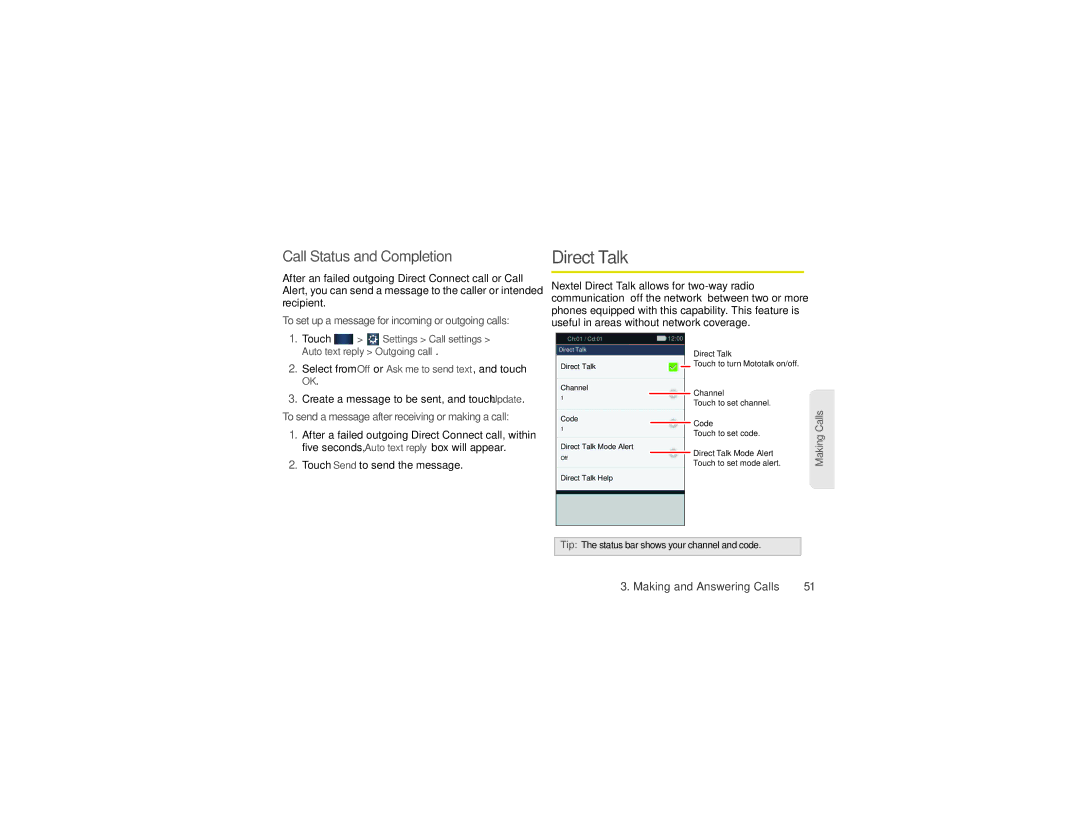 Sprint Nextel NNTN9124A manual DirectTalk, Call Status and Completion, To set up a message for incoming or outgoing calls 