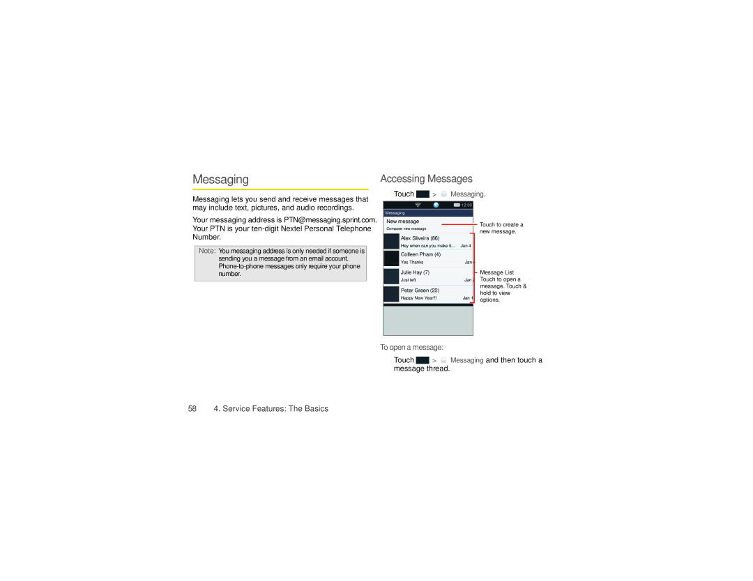 Sprint Nextel NNTN9124A manual Accessing Messages, To open a message, Touch Messaging and then touch a message thread 