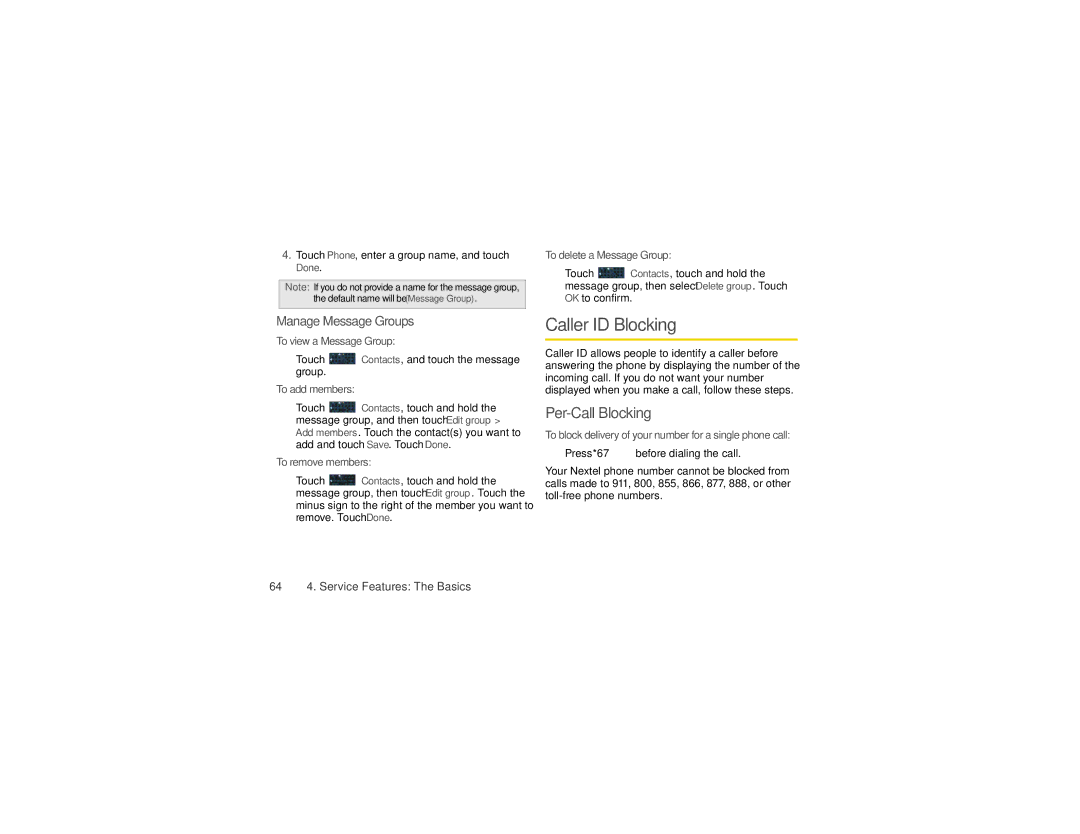 Sprint Nextel NNTN9124A Caller ID Blocking, Per-Call Blocking, Manage Message Groups, 64 4. Service Features The Basics 