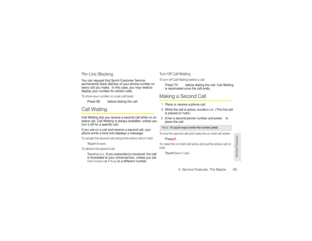 Sprint Nextel NNTN9124A manual Call Waiting, Making a Second Call, Per-Line Blocking, Turn Off CallWaiting 