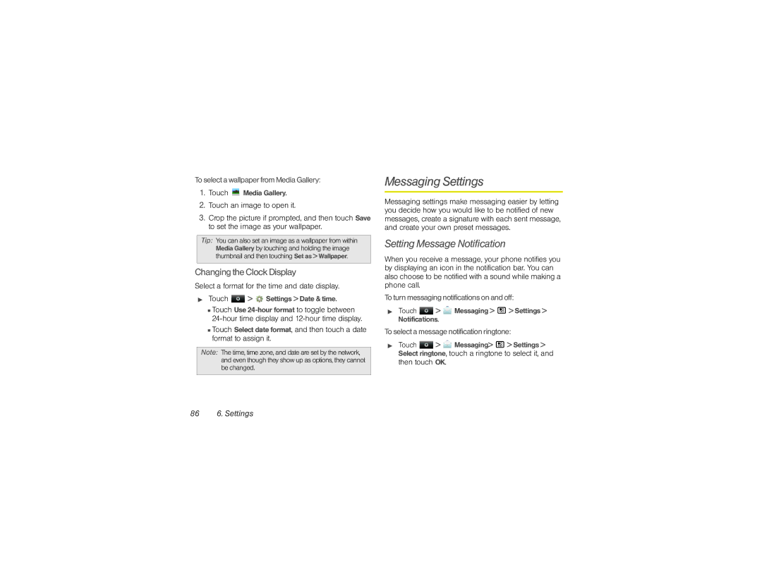 Sprint Nextel NNTN9124A manual Messaging Settings, Setting Message Notification, Changing theClock Display, 86 6. Settings 