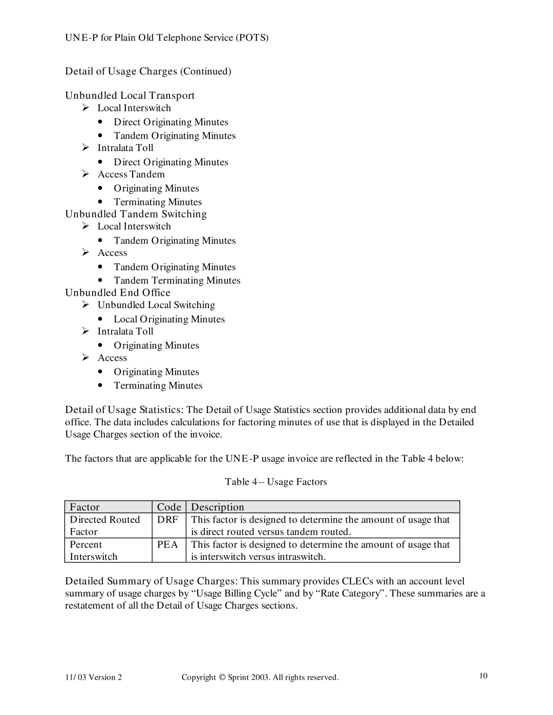 Sprint Nextel Old Telephone Service manual Detail of Usage Charges Unbundled Local Transport, Unbundled Tandem Switching 