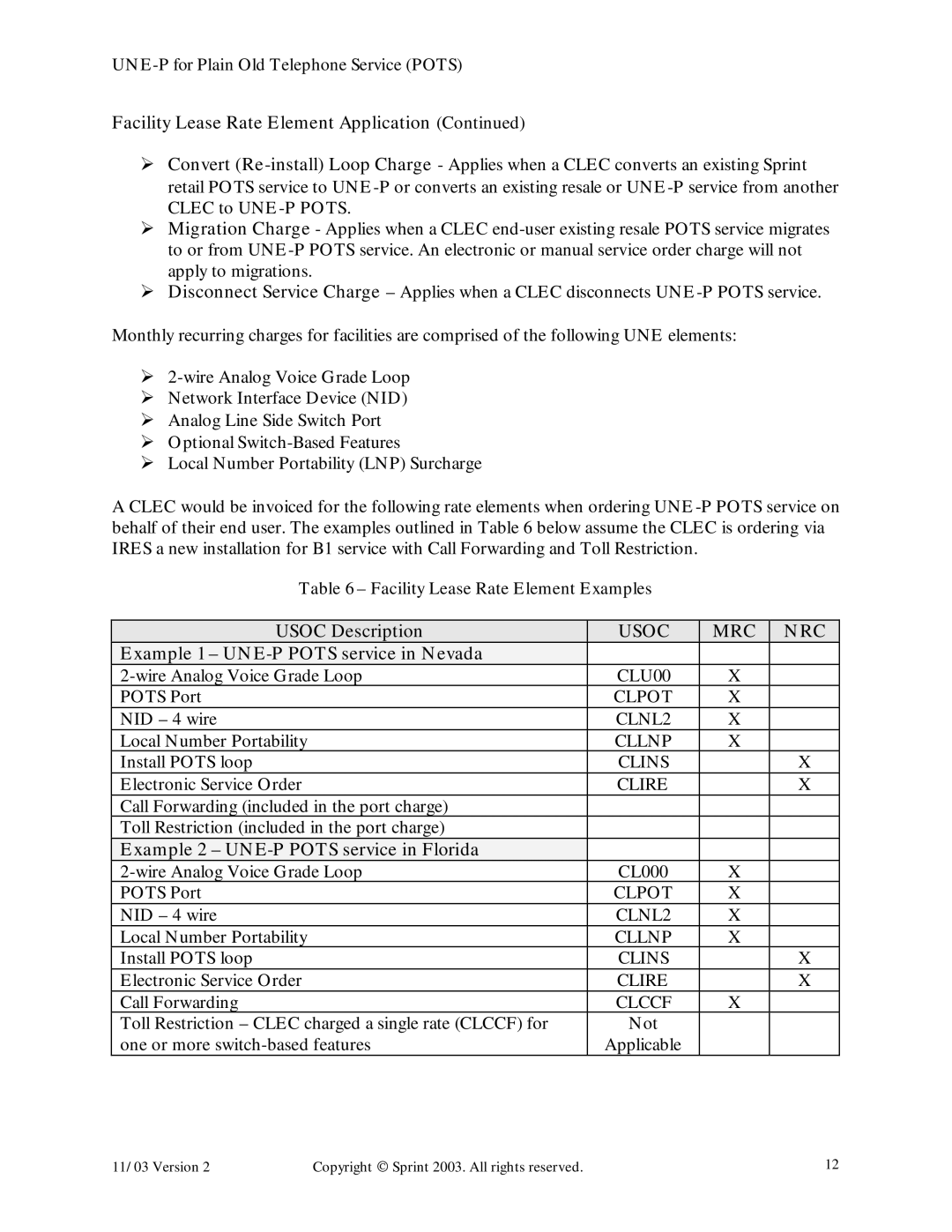 Sprint Nextel Old Telephone Service manual Usoc Description, Example 1 UNE-P Pots service in Nevada 