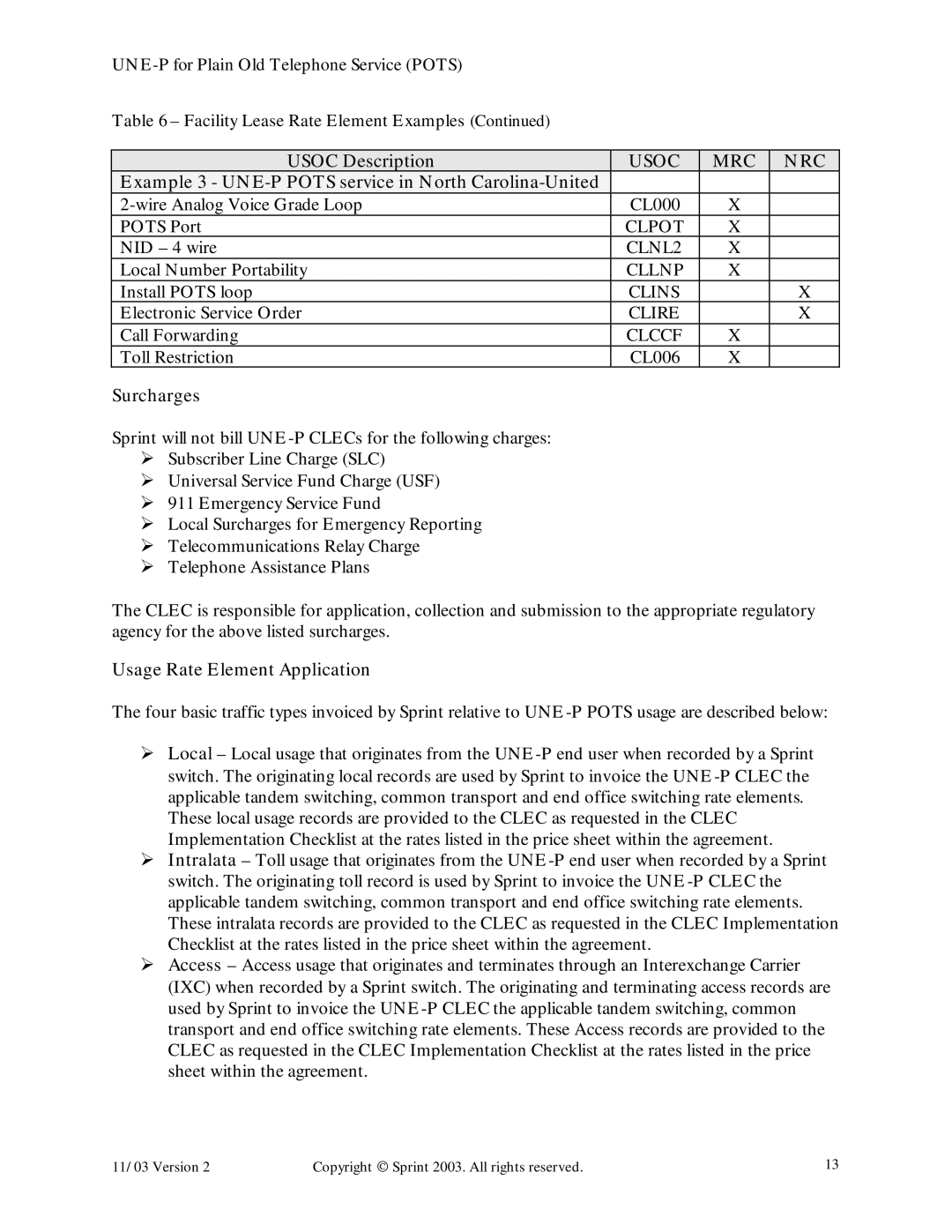 Sprint Nextel Old Telephone Service manual Example 3 UNE-P Pots service in North Carolina-United, Surcharges 