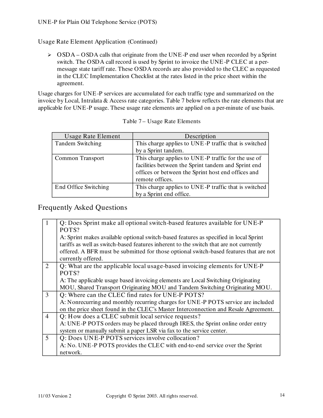 Sprint Nextel Old Telephone Service manual Frequently Asked Questions, Usage Rate Element Description 