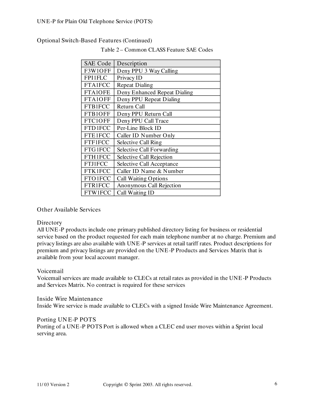 Sprint Nextel Old Telephone Service manual SAE Code Description, Other Available Services Directory, Voicemail 