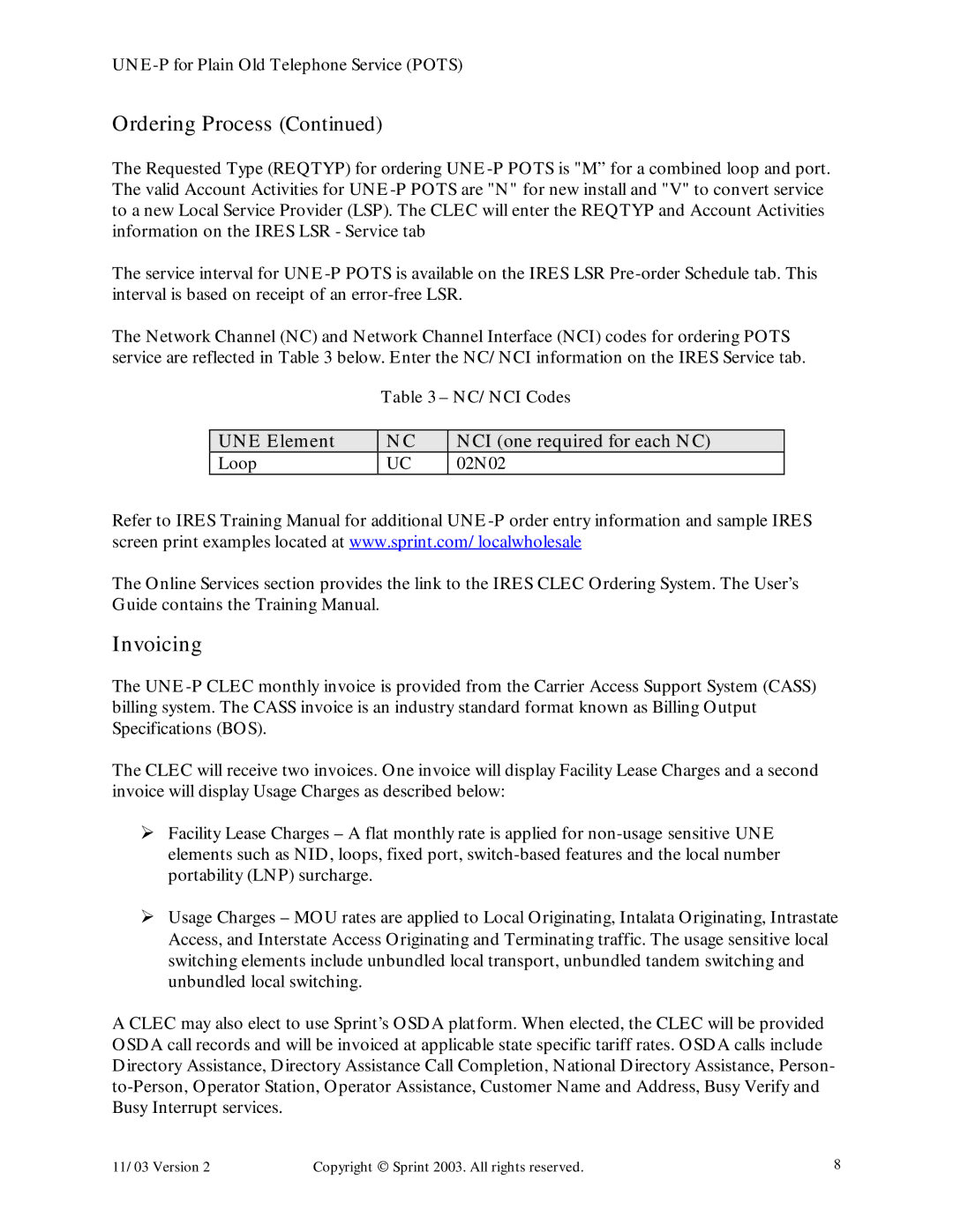 Sprint Nextel Old Telephone Service manual Invoicing, UNE Element NCI one required for each NC Loop 02N02 