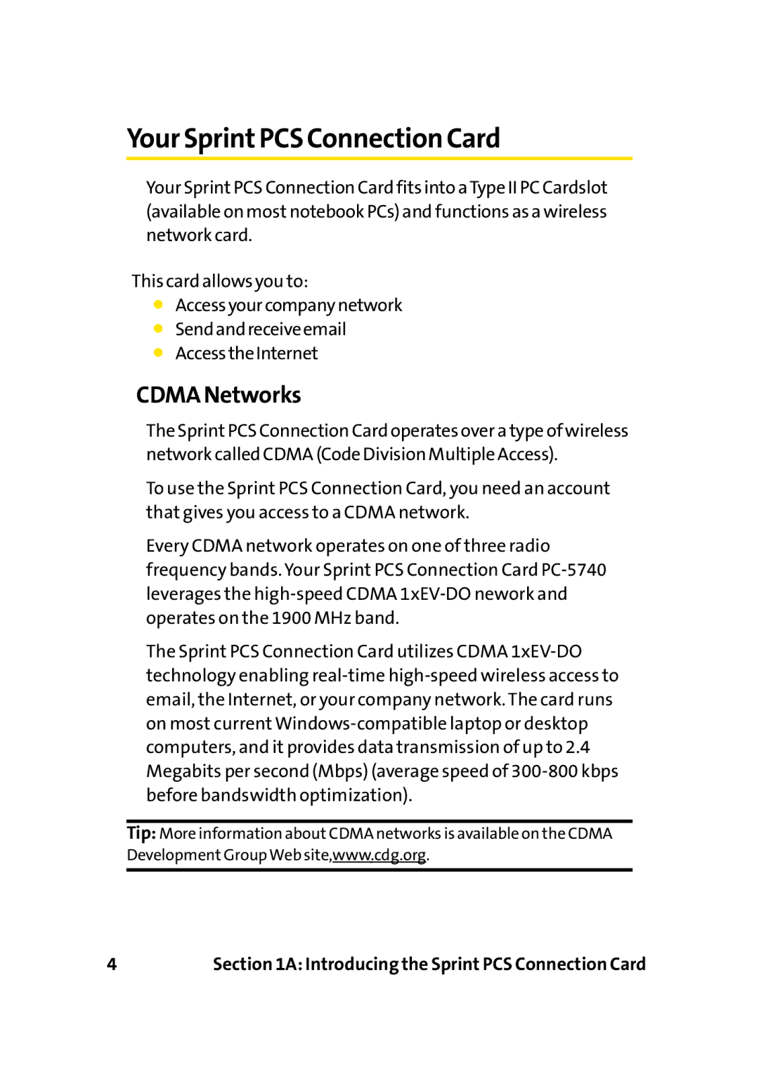 Sprint Nextel PC-5740 manual Your SprintPCS Connection Card, Cdma Networks 