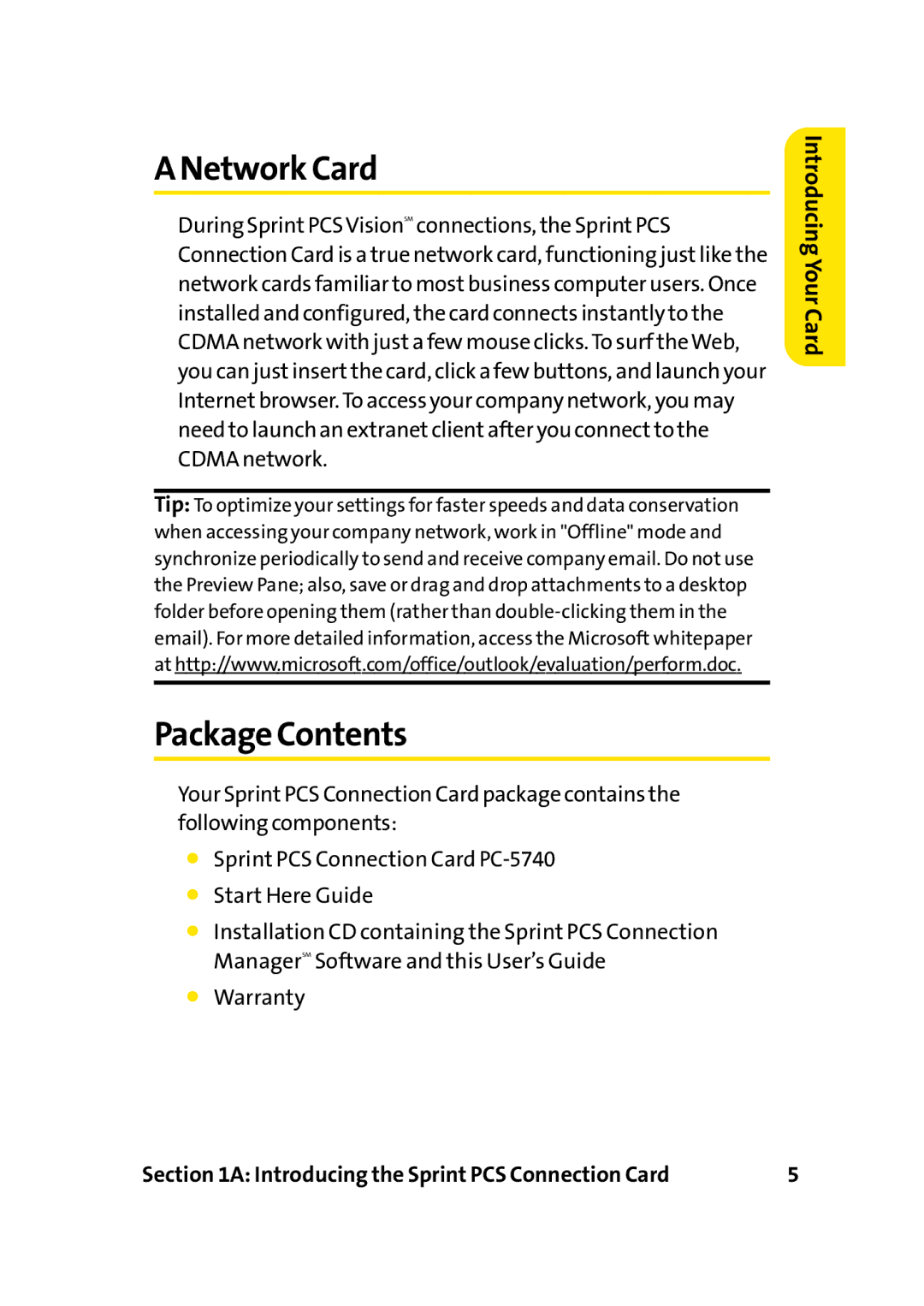 Sprint Nextel PC-5740 manual Network Card, Package Contents 