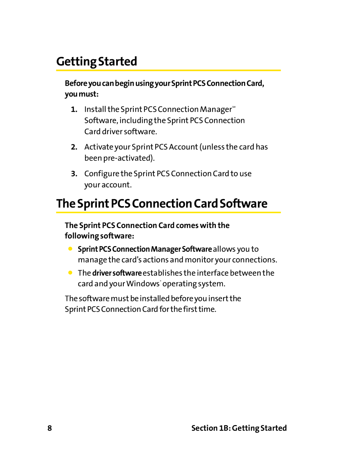 Sprint Nextel PC-5740 manual Getting Started, SprintPCS Connection CardSoftware 