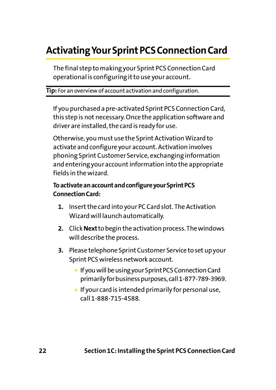 Sprint Nextel PC-5740 manual ActivatingYour SprintPCS Connection Card 
