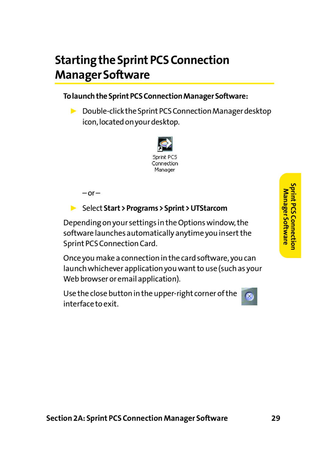 Sprint Nextel PC-5740 manual Startingthe SprintPCS Connection Manager Software, Select StartProgramsSprintUTStarcom 