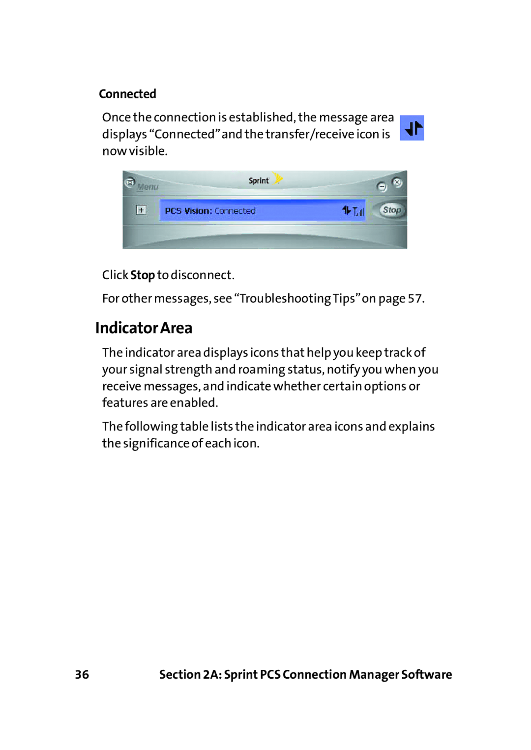 Sprint Nextel PC-5740 manual Indicator Area, Connected 