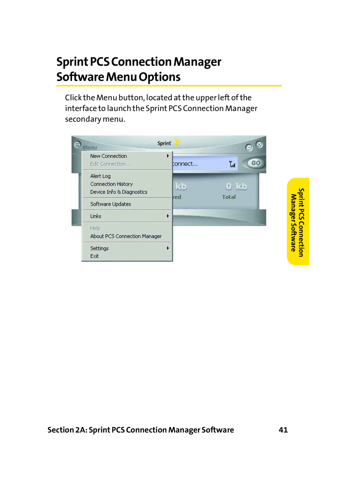 Sprint Nextel PC-5740 manual SprintPCS Connection Manager Software Menu Options 