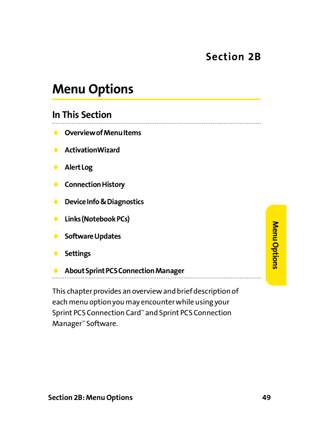 Sprint Nextel PC-5740 manual Menu Options 