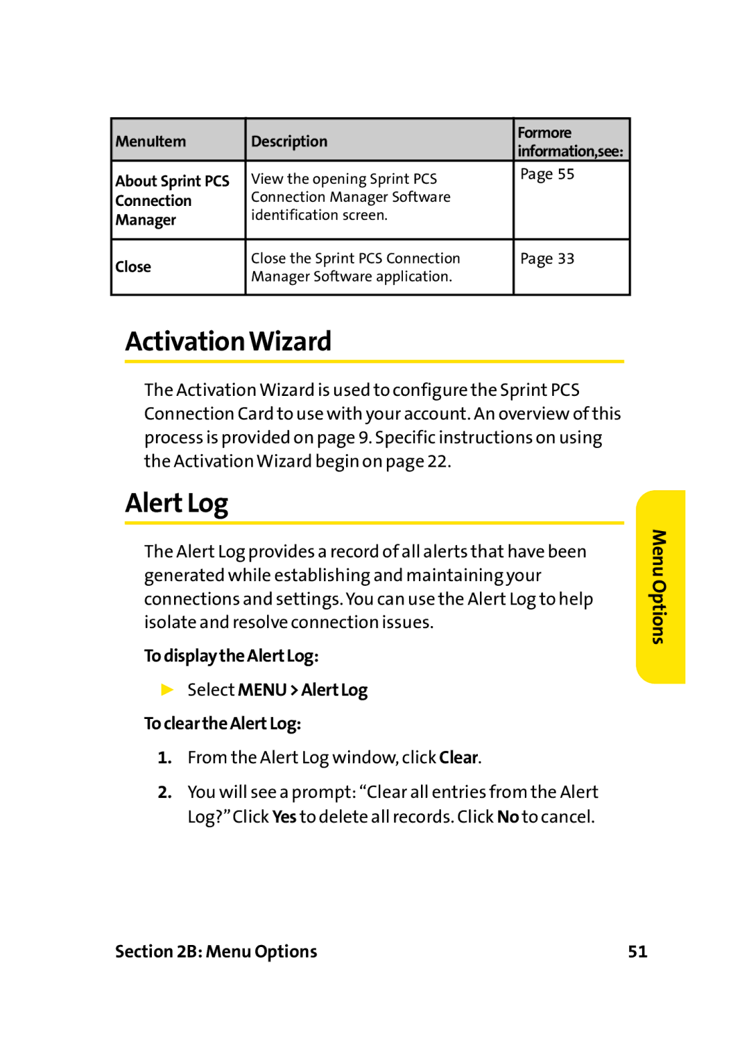 Sprint Nextel PC-5740 manual ActivationWizard, TodisplaytheAlertLog Select MENUAlertLog TocleartheAlertLog 