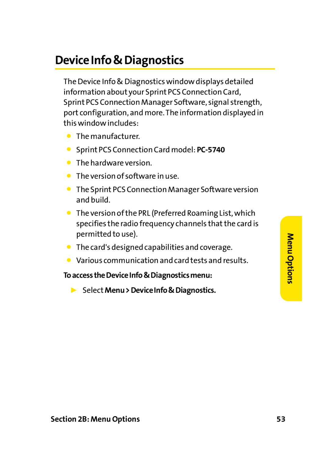 Sprint Nextel PC-5740 manual Device Info & Diagnostics 