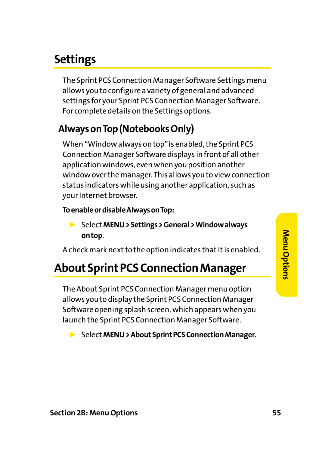 Sprint Nextel PC-5740 manual Settings, AboutSprintPCS Connection Manager, Always onTop Notebooks Only 