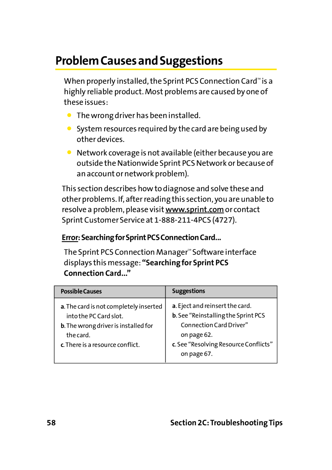 Sprint Nextel PC-5740 manual Problem Causes and Suggestions, ErrorSearchingforSprintPCSConnectionCard 