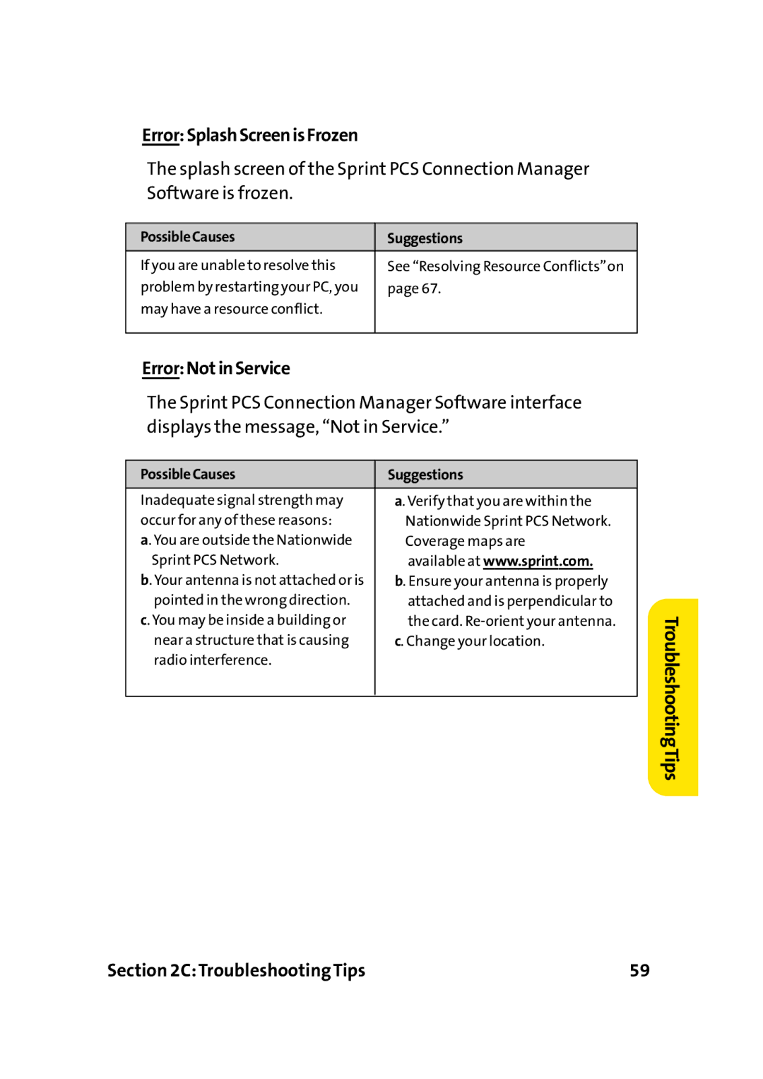 Sprint Nextel PC-5740 manual ErrorSplashScreenisFrozen, ErrorNotinService 