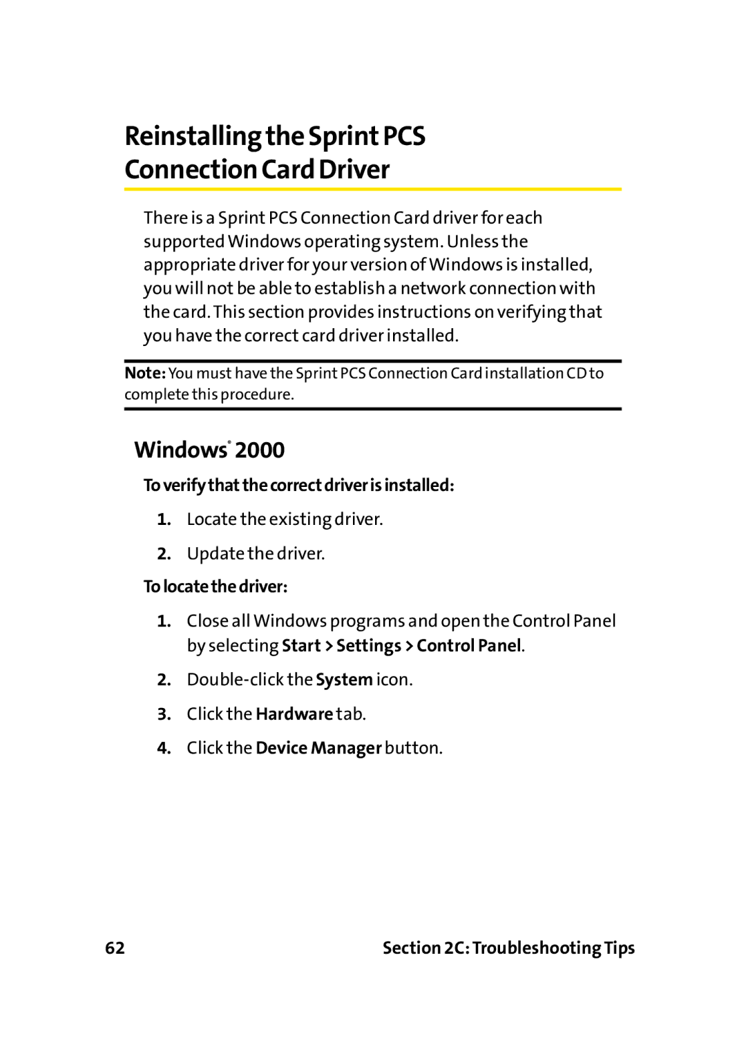 Sprint Nextel PC-5740 Reinstalling the SprintPCS Connection Card Driver, Windows, Toverifythatthecorrectdriverisinstalled 