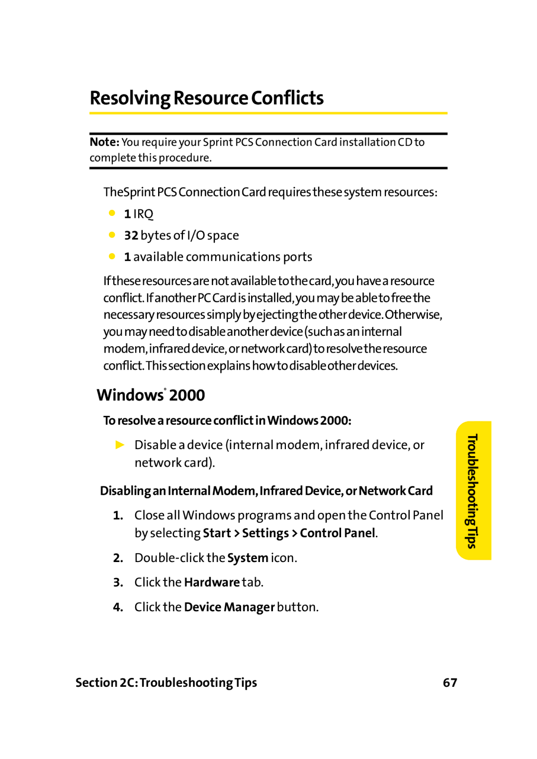 Sprint Nextel PC-5740 manual Resolving Resource Conflicts, ToresolvearesourceconflictinWindows2000 