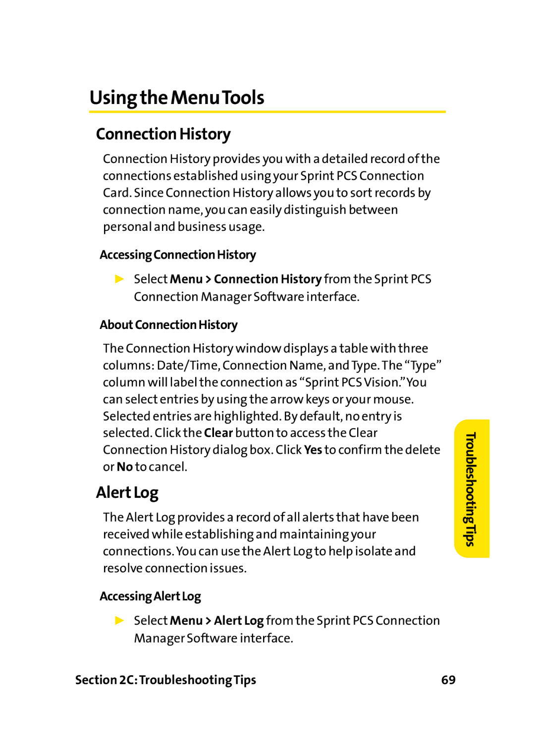 Sprint Nextel PC-5740 manual Using the MenuTools, Connection History, AccessingAlertLog 