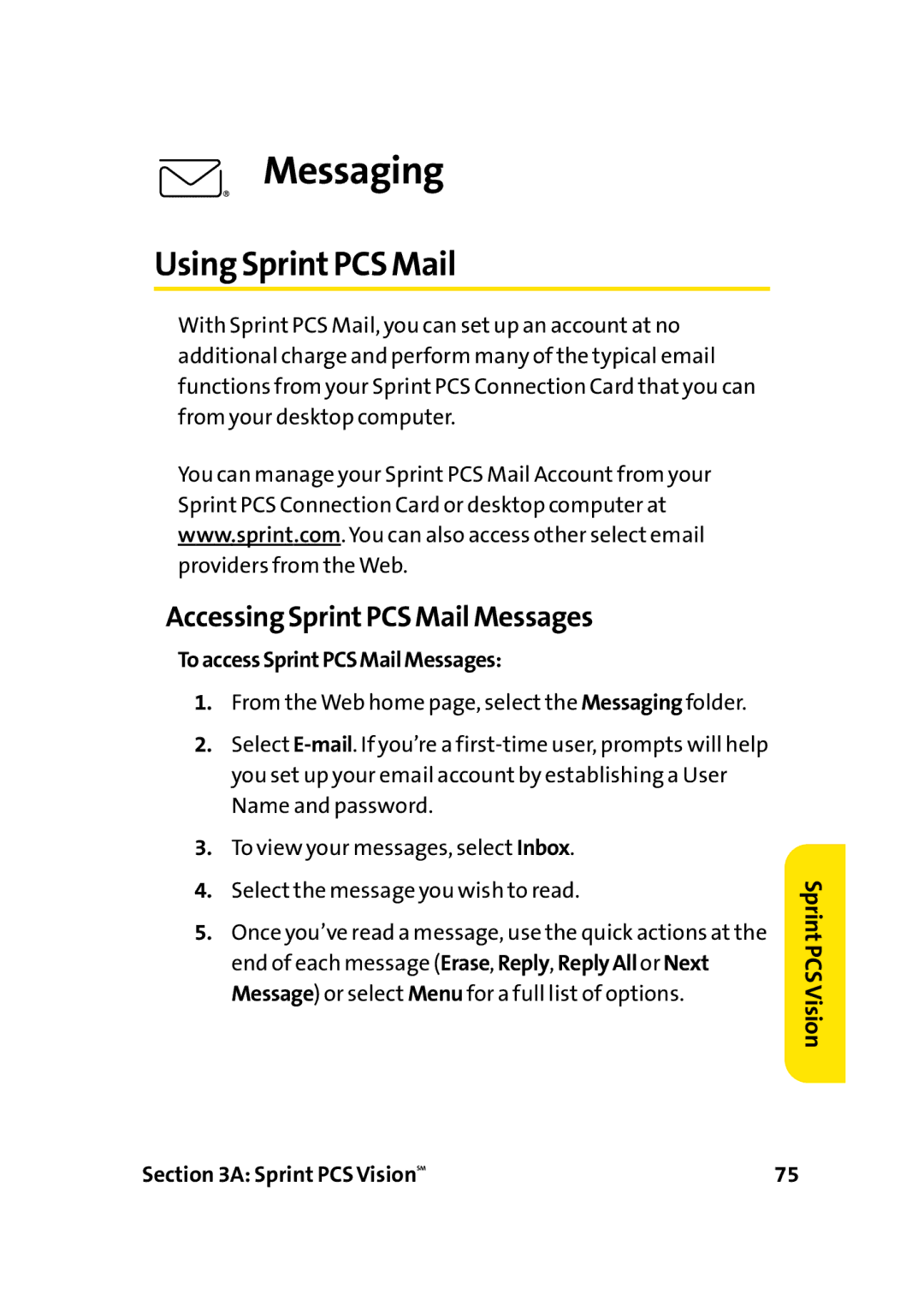 Sprint Nextel PC-5740 Messaging, Using SprintPCS Mail, Accessing SprintPCS Mail Messages, ToaccessSprintPCSMailMessages 