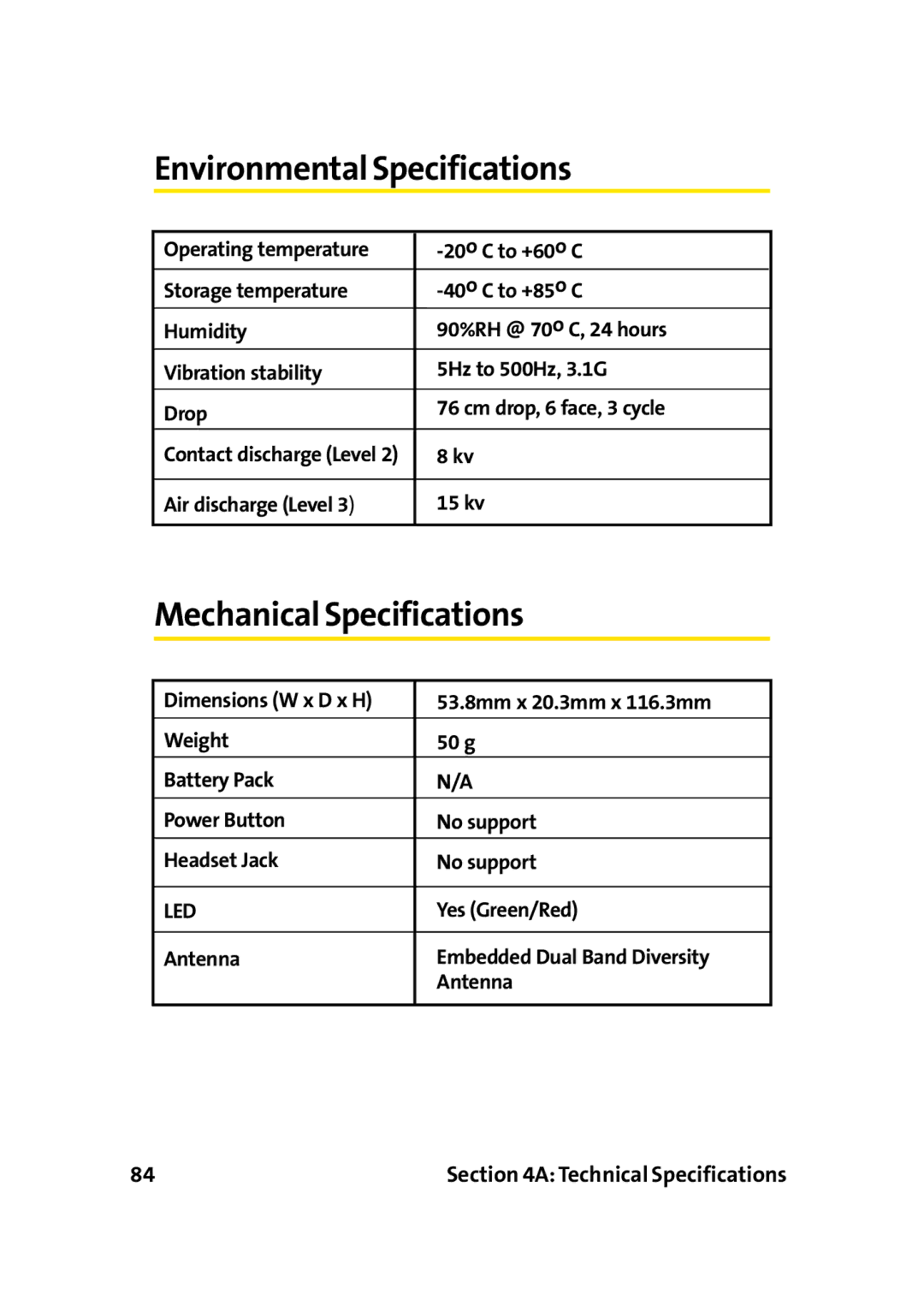 Sprint Nextel PC-5740 manual Environmental Specifications, Mechanical Specifications 