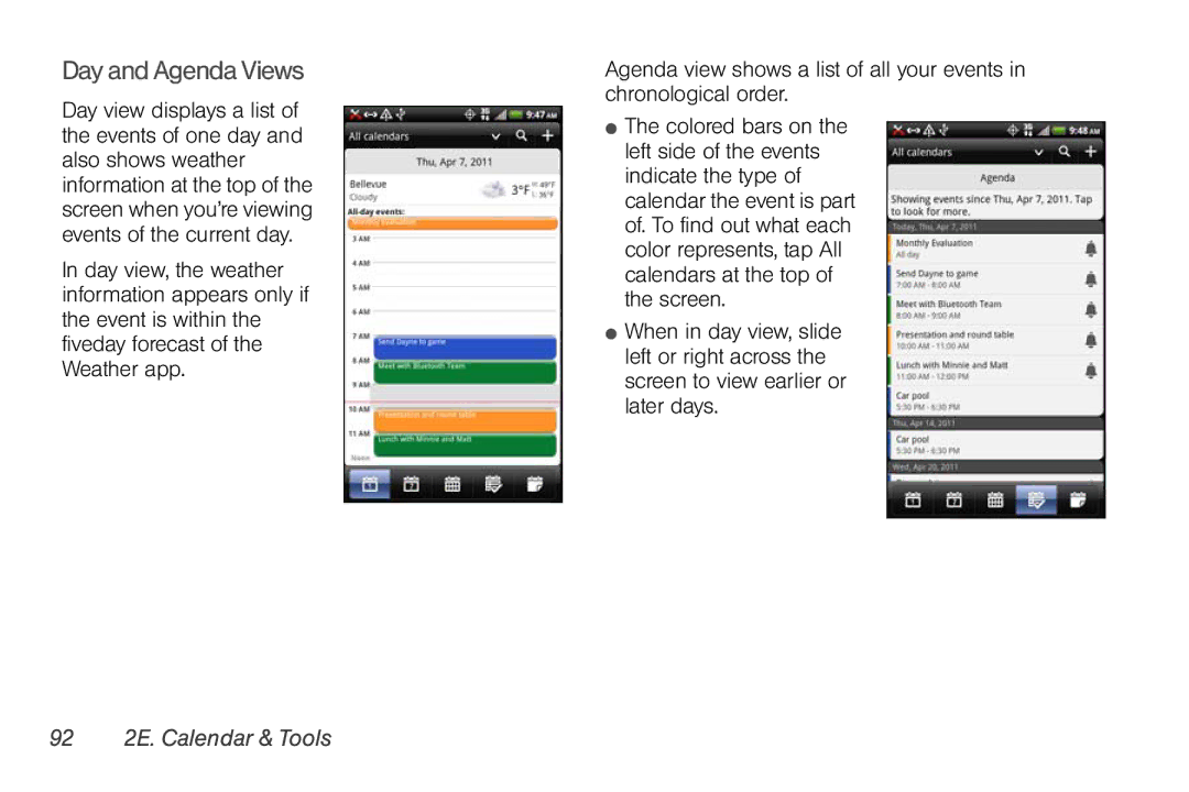 Sprint Nextel PG86100 manual Day and Agenda Views, 92 2E. Calendar & Tools 