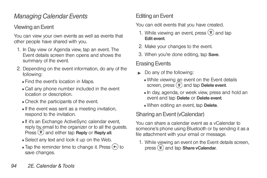 Sprint Nextel PG86100 manual Managing Calendar Events, Viewing an Event, Editing an Event, Erasing Events 