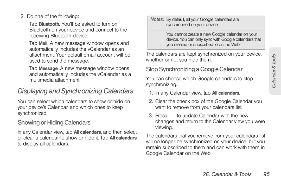 Sprint Nextel PG86100 manual Displaying and Synchronizing Calendars, Showing or Hiding Calendars 