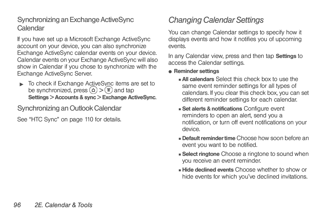 Sprint Nextel PG86100 Changing Calendar Settings, Synchronizing an Exchange ActiveSync Calendar, 96 2E. Calendar & Tools 