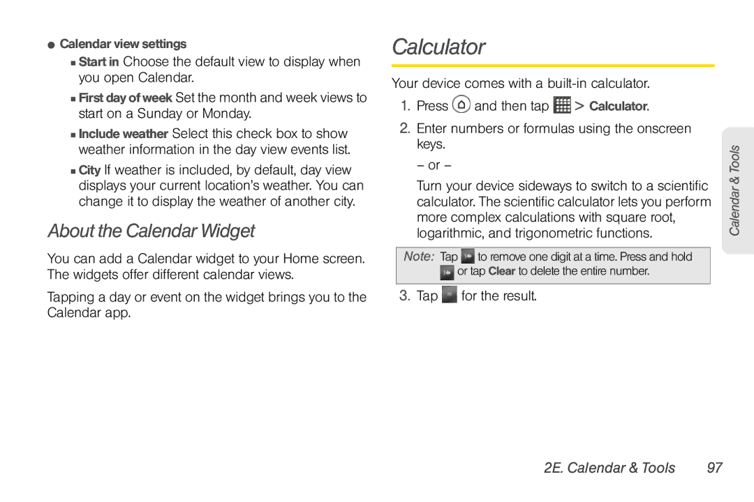 Sprint Nextel PG86100 manual Calculator, About the Calendar Widget, Tap for the result,  Calendar view settings 