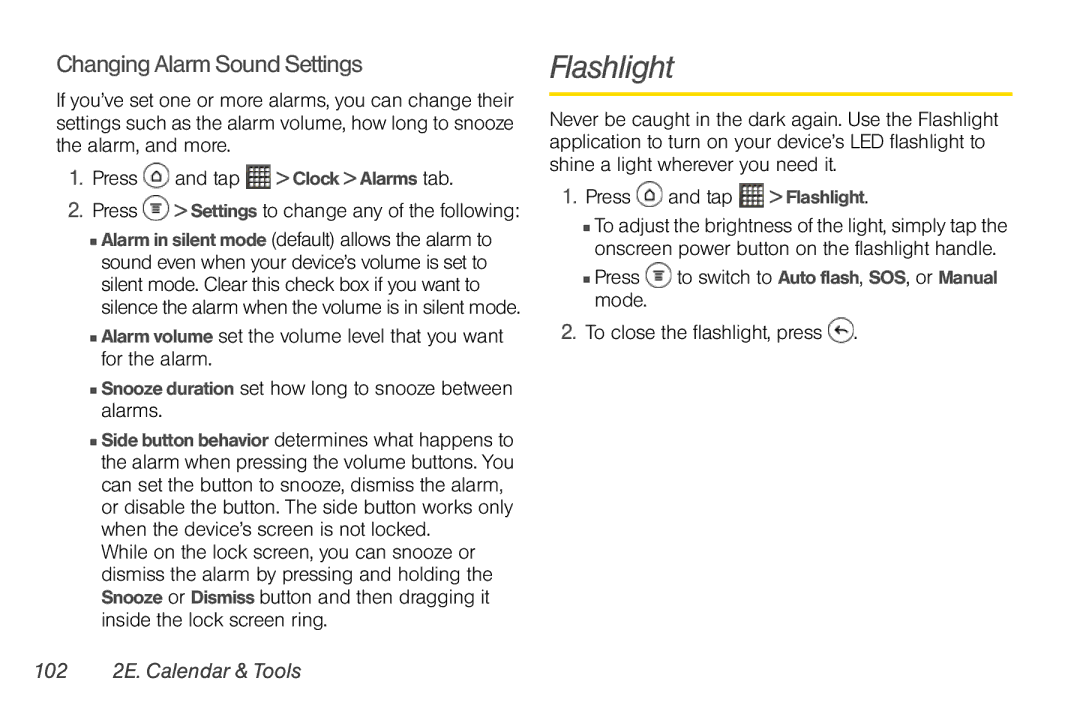 Sprint Nextel PG86100 Flashlight, Changing Alarm Sound Settings, To close the flashlight, press, 102 2E. Calendar & Tools 