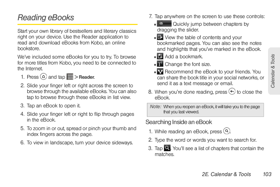 Sprint Nextel PG86100 manual Reading eBooks, Searching Inside an eBook, 2E. Calendar & Tools 103 