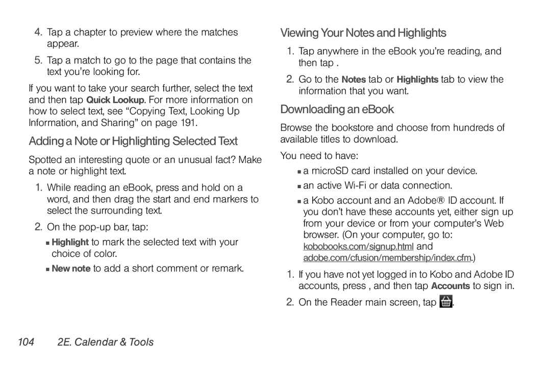 Sprint Nextel PG86100 Adding a Note or Highlighting Selected Text, Viewing Your Notes and Highlights, Downloading an eBook 