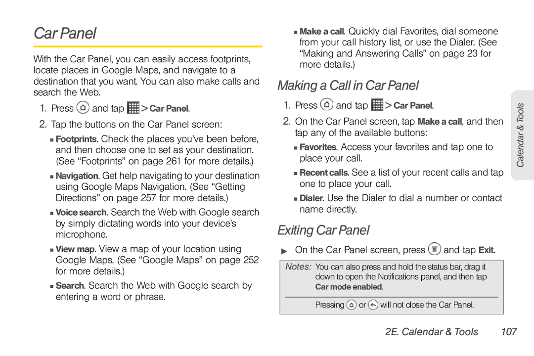 Sprint Nextel PG86100 Making a Call in Car Panel, Exiting Car Panel,  On the Car Panel screen, press and tap Exit 