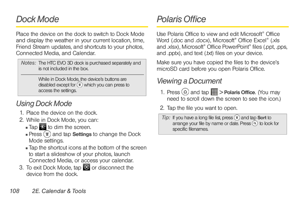 Sprint Nextel PG86100 manual Polaris Office, Using Dock Mode, Viewing a Document, 108 2E. Calendar & Tools 