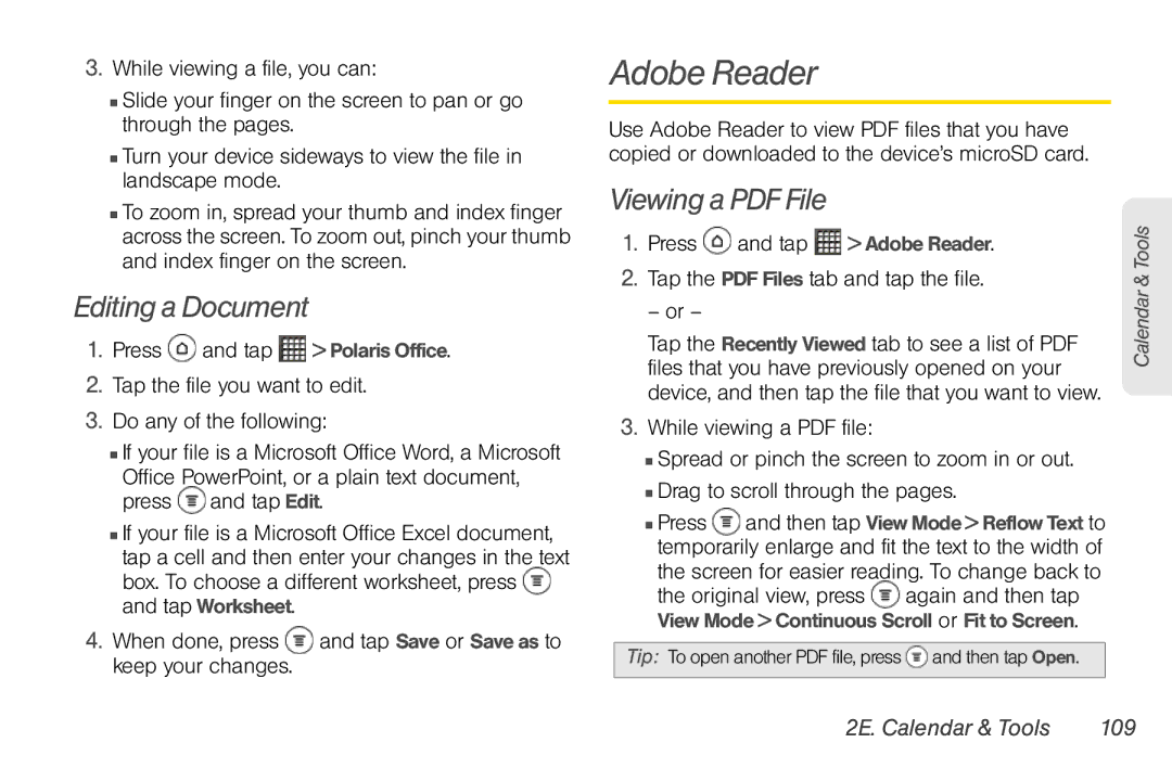 Sprint Nextel PG86100 manual Adobe Reader, Editing a Document, 2E. Calendar & Tools 109, Press and tap Polaris Office 