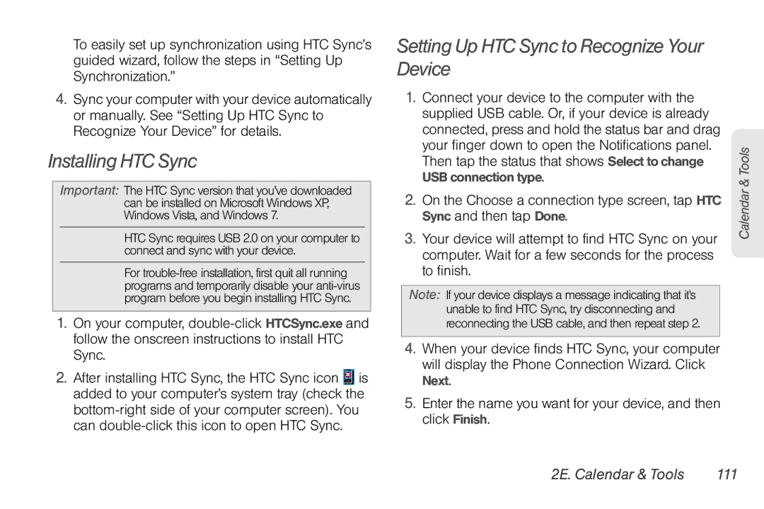 Sprint Nextel PG86100 manual Installing HTC Sync, Setting Up HTC Sync to Recognize Your Device, 2E. Calendar & Tools 111 