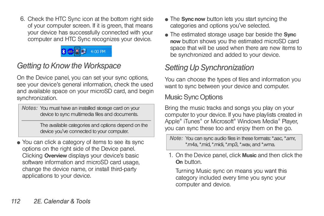 Sprint Nextel PG86100 manual Getting to Know the Workspace, Setting Up Synchronization, Music Sync Options 