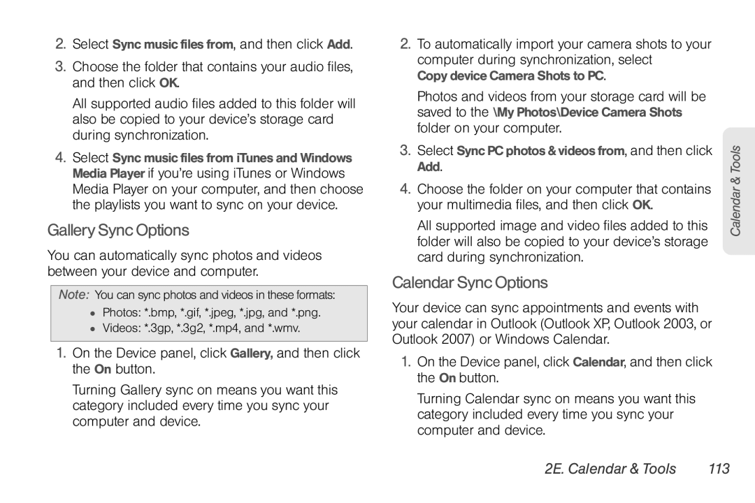 Sprint Nextel PG86100 manual Gallery Sync Options, Calendar Sync Options, 2E. Calendar & Tools 113 