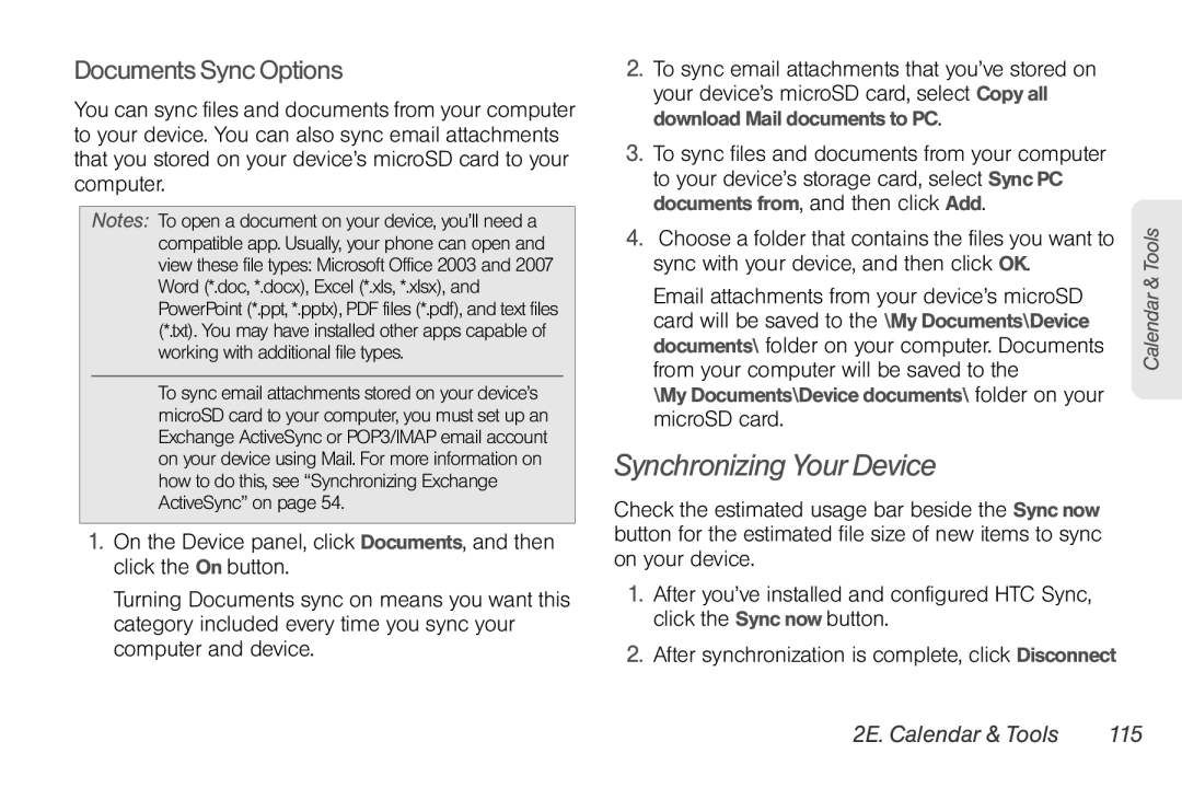 Sprint Nextel PG86100 manual Synchronizing Your Device, Documents Sync Options, MicroSD card, 2E. Calendar & Tools 115 