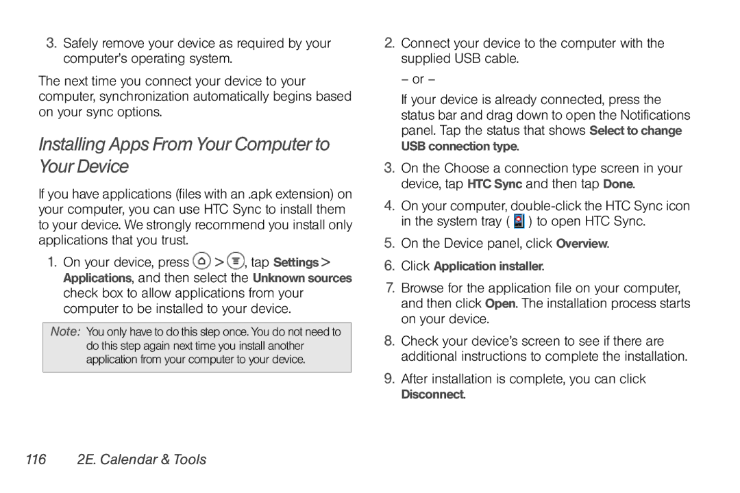 Sprint Nextel PG86100 manual Installing Apps From Your Computer to Your Device, 116 2E. Calendar & Tools 