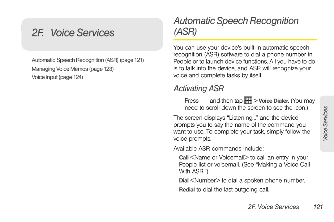 Sprint Nextel PG86100 manual Automatic Speech Recognition ASR, Activating ASR, 2F. Voice Services 121 