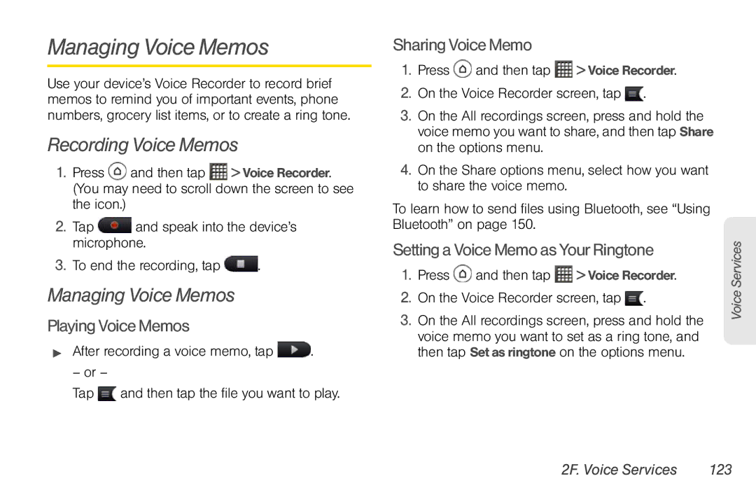 Sprint Nextel PG86100 manual Managing Voice Memos, Recording Voice Memos 