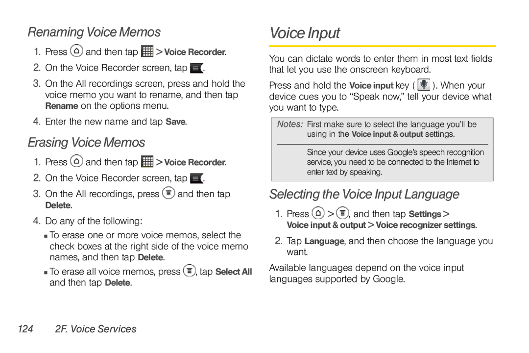 Sprint Nextel PG86100 manual Renaming Voice Memos, Erasing Voice Memos, Selecting the Voice Input Language 